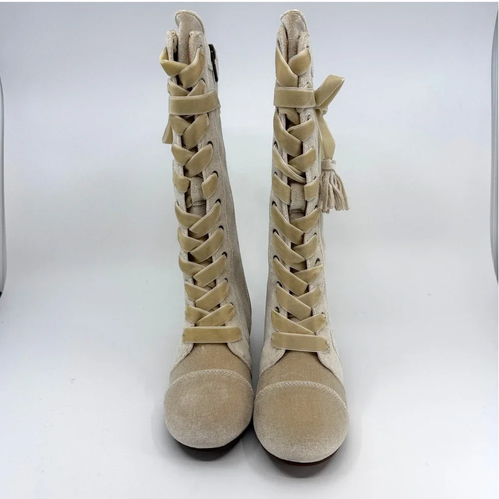 Joyfolie Marija Tall Boots Champagne Velvet Lace Up Tassel Kids Size 12 NEW